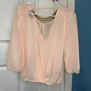 BCX Womens Peach Sheer Blouse Beaded Chain Open Back Draped Top Size XXS